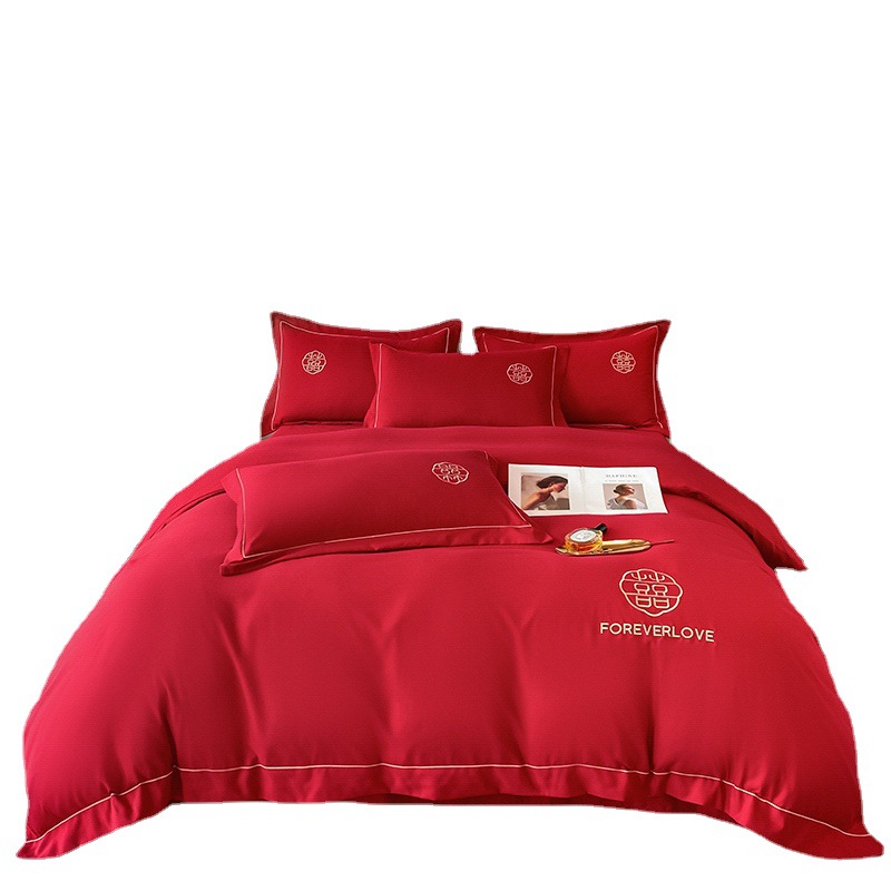 Wedding washed cotton festive four-piece set Chinese bright red bed sheet high-end embroidered quilt cover wedding room bedding