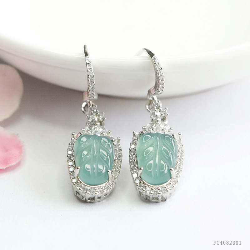 Military Natural a Grade Jade Ice Seed Blue Water Leaf Earrings Jade Earrings for Women Wholesale Dropshipping Fc 4082301 L