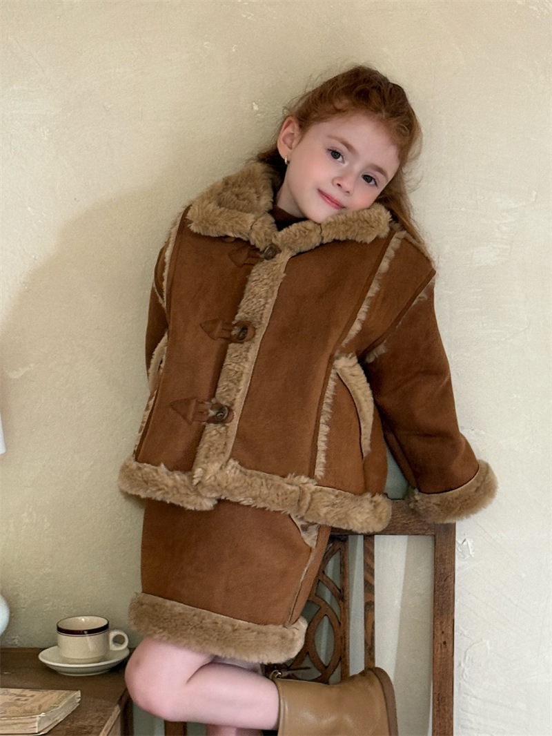 Chengle 25 Winter Girls' Suede Faux Fur Jacket Girls' Motorcycle Jacket Jacket Skirt Suit