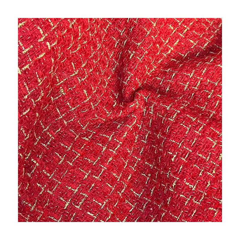 Chinese red Chanel style fabric wholesale gold silk plaid tweed fabric Christmas red Chanel coat fabric in stock