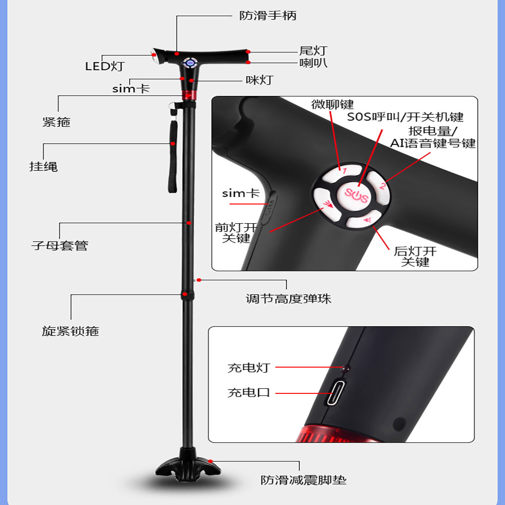 4g Phone Positioning Cane Gps Beidou One-Touch Sos Emergency Call Fall Alarm Walking Stick Dual-System Smart Portable Device