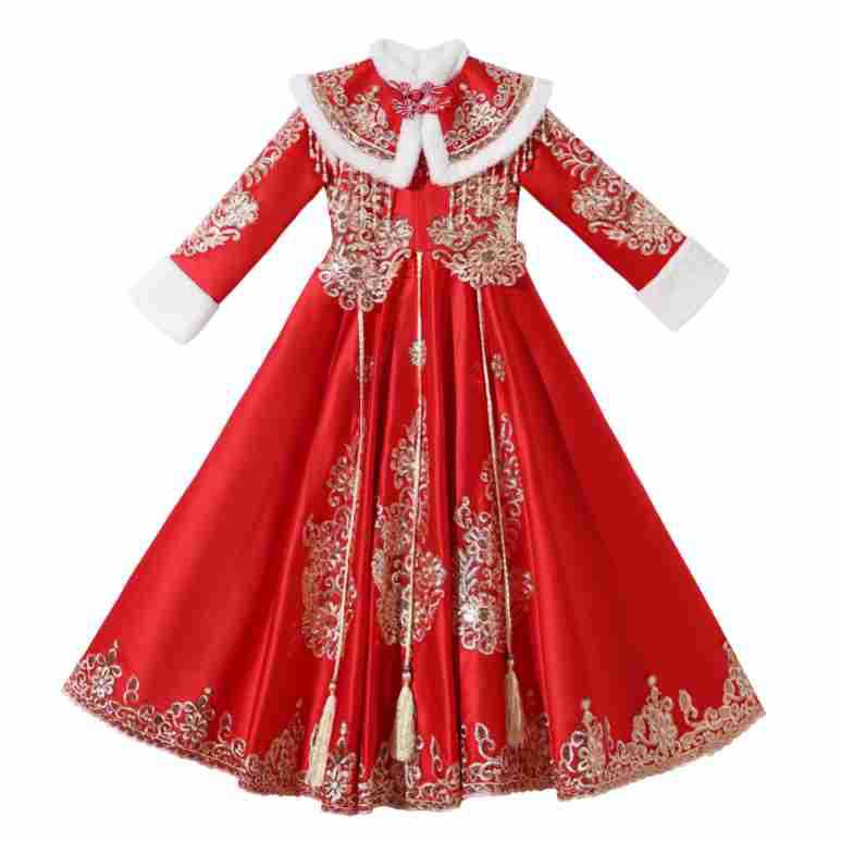 Girls' hanfu Chinese style winter fleece-lined children's New Year greeting clothes Tang suit red ancient costume dress little girl's skirt