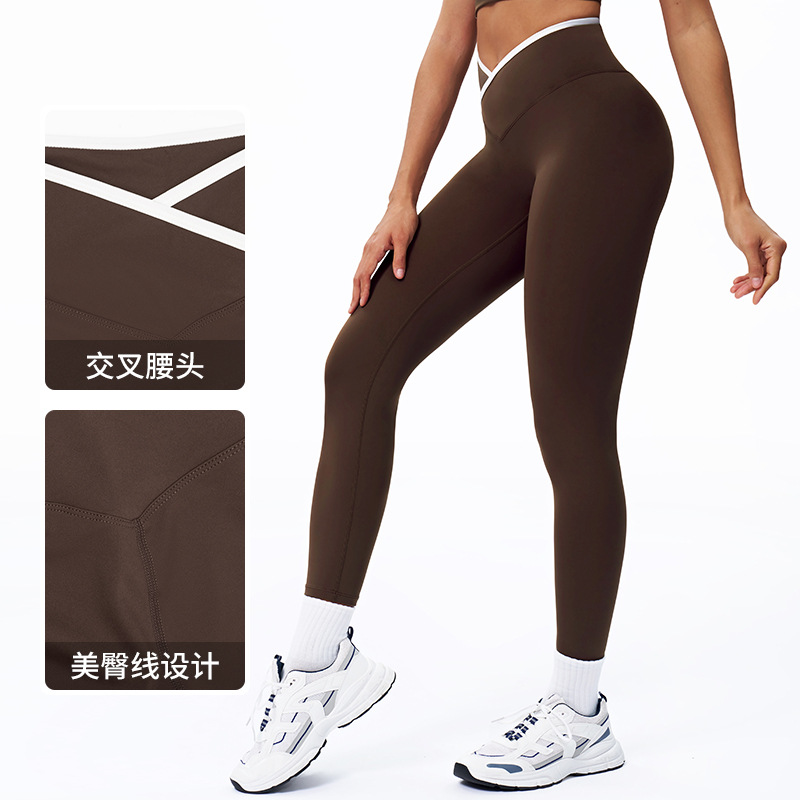 Cross-Border Nude Tight Yoga Pants Cross High Waist Contrast Color Tights Women's Sports Running Fitness Pants 9253