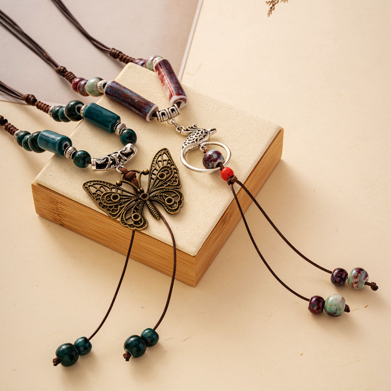 Jingdezhen Ceramic Jewelry Butterfly Wool Chain Long Necklace Clothes Pendant Long All-match Ethnic Women