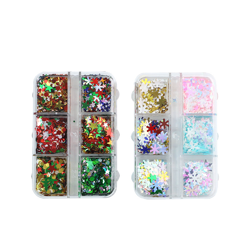 Cross-Border New 6-Grid Boxed Ultra-Thin Christmas Snowflake Christmas Nail Art Sequins White Snowflake Christmas Glitter