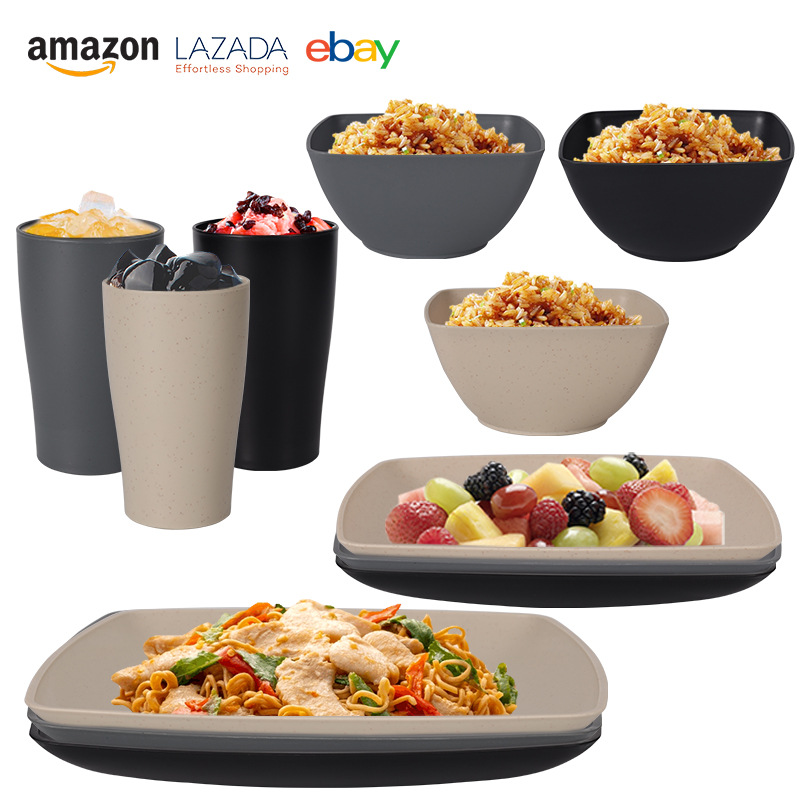 Amazon's Best Selling Square Steak Plate Salad Bowl Wheat Straw Tableware Set 16Pcs Plate Bowl Cup Set