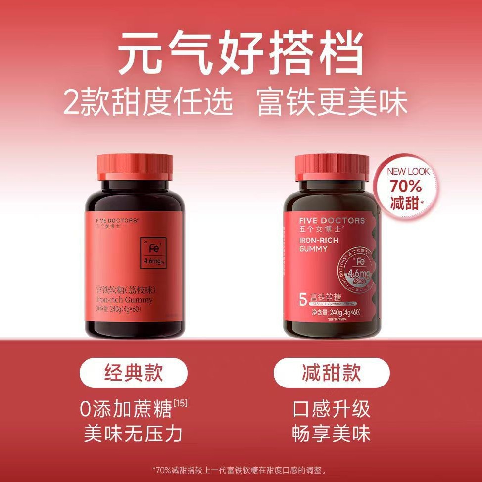 Five Female Doctors Iron-Rich Gummies Reduced Sweetness Version Women's Iron Supplement Element Qi and Blood Pregnant Women Iron Oral Official Authentic Product