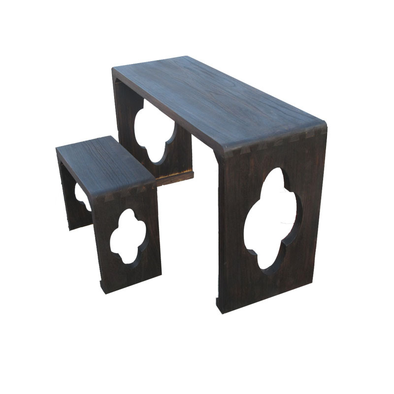 Guqin Table and Stool Made of Burnt Paulownia Wood with Integrated Dovetail Joints, Antique-Style Resonance Solid Wood Tea Table, Zen Chinese Calligraphy Table