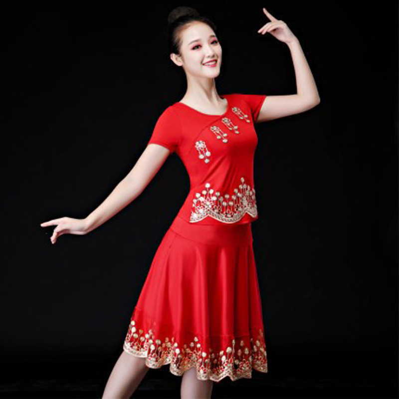 Elastic fabric red sequins classic yangko dance square dance middle-aged and elderly fitness sports competition clothing