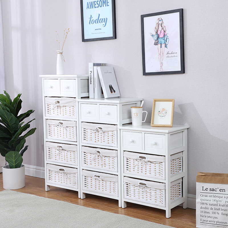 American Vintage Pastoral Wooden Storage Cabinet Fabric Rattan Bedside Table Bucket Cabinet Toy Socks Sundries Storage Cabinet