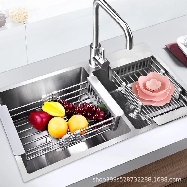 Оптовая продажа выдвижной корзины для слива на кухонной раковине, подставка для овощей из нержавеющей стали