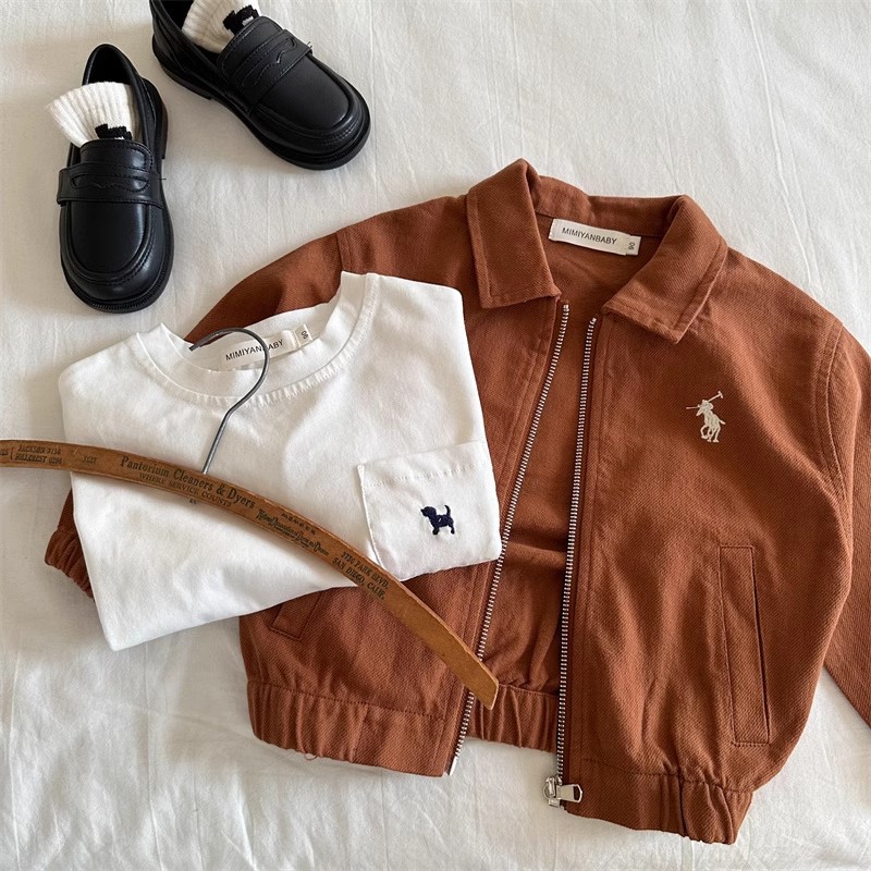 Children's Coat 2025 Spring and Autumn Boys and Girls Japanese Fashion Brand Embroidered Lapel Jacket Baby Short Zipper Shirt