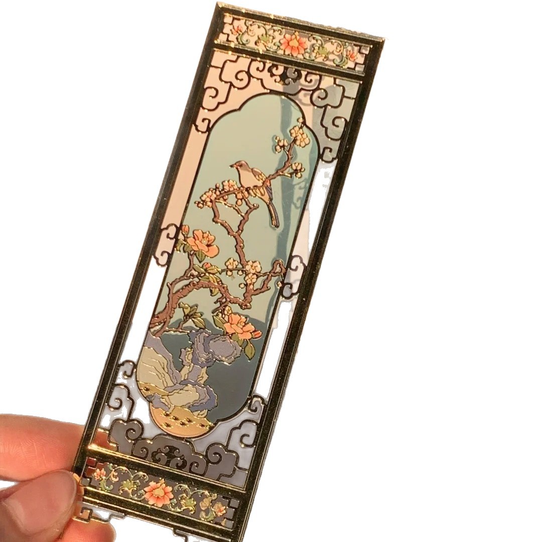 Customized Chinese-Style Metal Bookmarks, Cultural and Creative Light and Shadow Window Flower Bookmarks, Museum and Scenic Spot Hollow Transparent Glass Lacquer Bookmarks