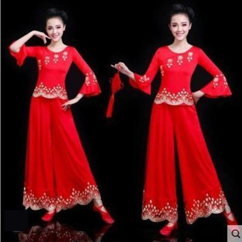 Elastic fabric red sequins classic yangko dance square dance middle-aged and elderly fitness sports competition clothing