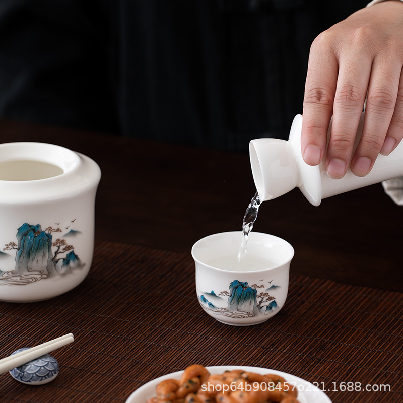 Dehua White Porcelain Wine Warmer Set for Warming Liquor, Suitable for White Wine, Yellow Wine, and Sake, Gift Set with a Modern Chinese Style