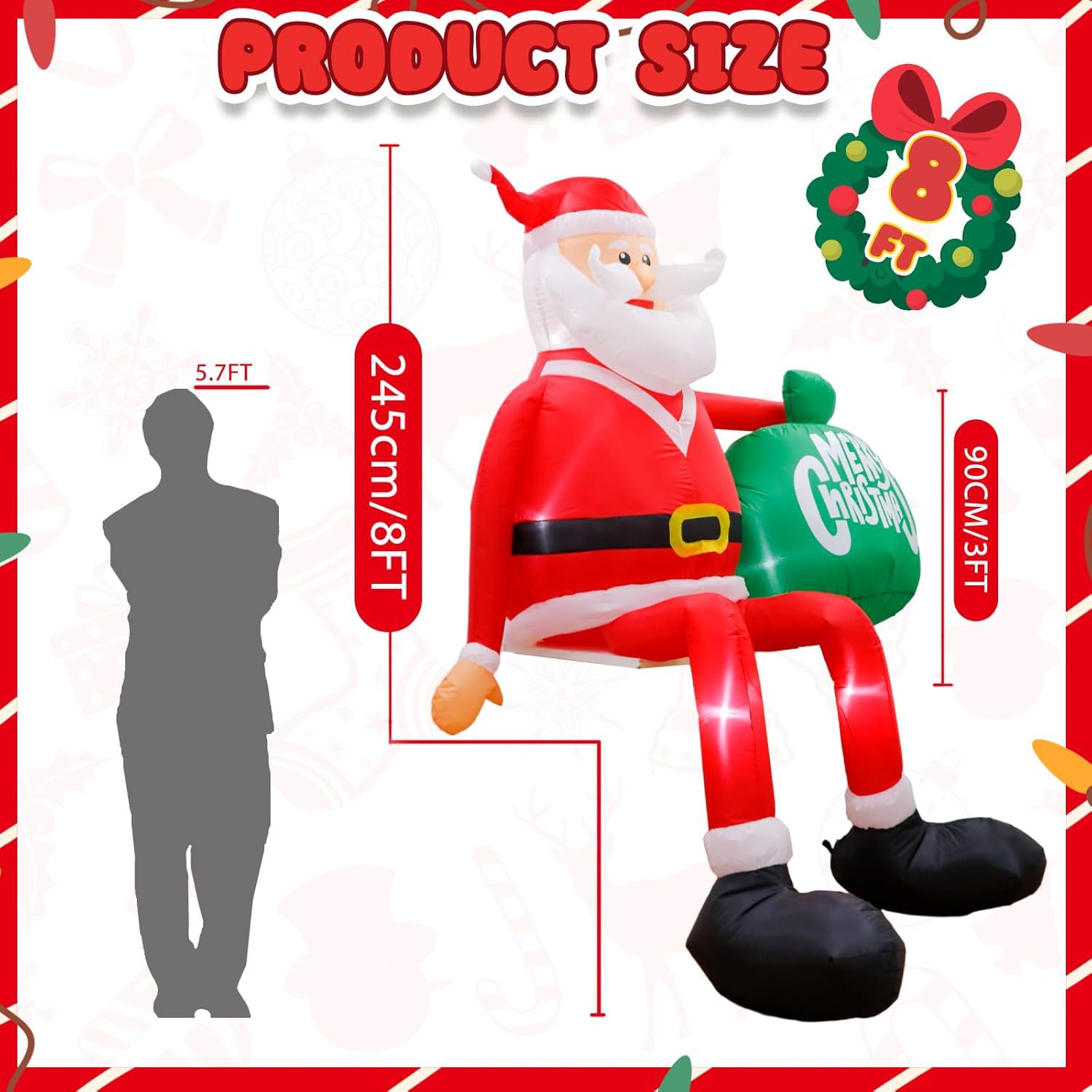 Cross-Border Christmas Inflatable 2.4m Wall-Climbing Sitting Santa Claus Led Light-Up Santa Gift Bag Party Supplies