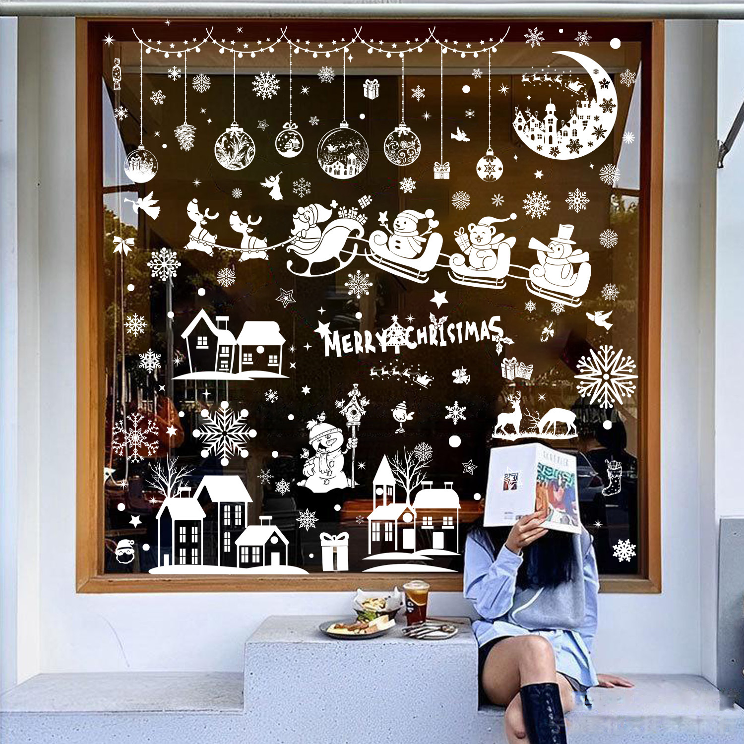 Cross-Border Christmas Santa Claus Reindeer Snowman Moon Igloo Hanging Ball Ornament Christmas Decoration Sticker for Glass Window