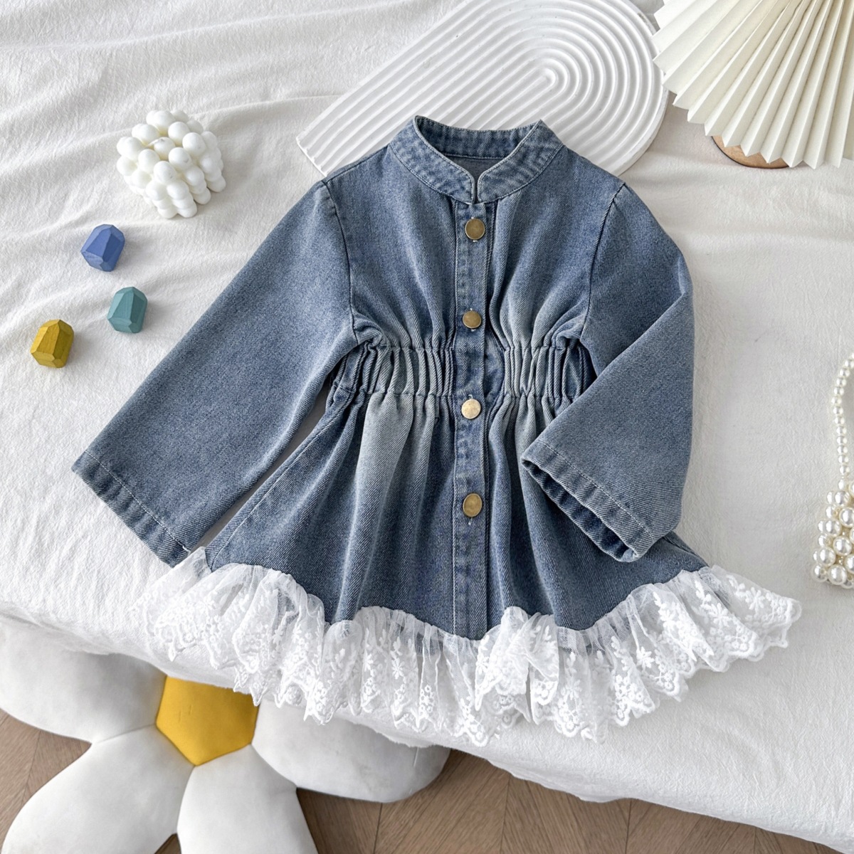 77527 Girls Denim Jacket 2025 Korean Style New Jacket Autumn Lace Splicing Denim Dress