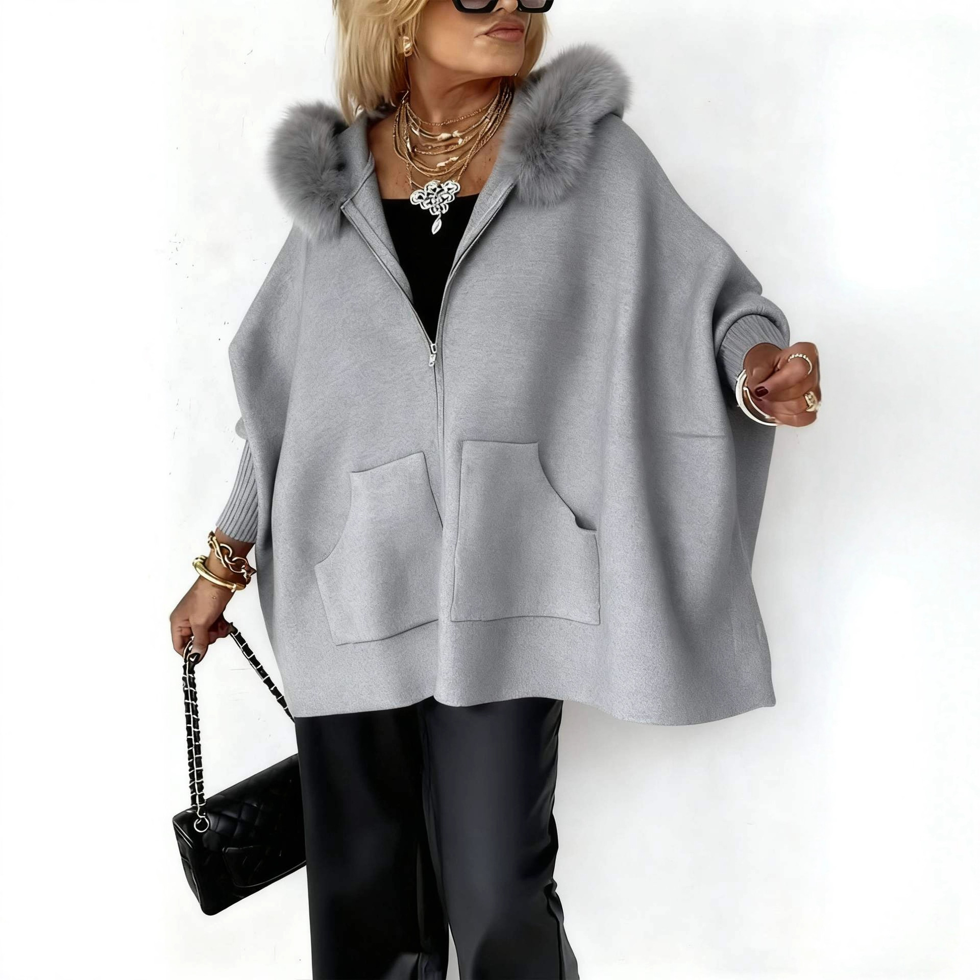 2025 Autumn/Winter European and American Cross-Border Amazon Fashion Loose Pocket Zipper Large Fur Collar Knitted Hooded Jacket