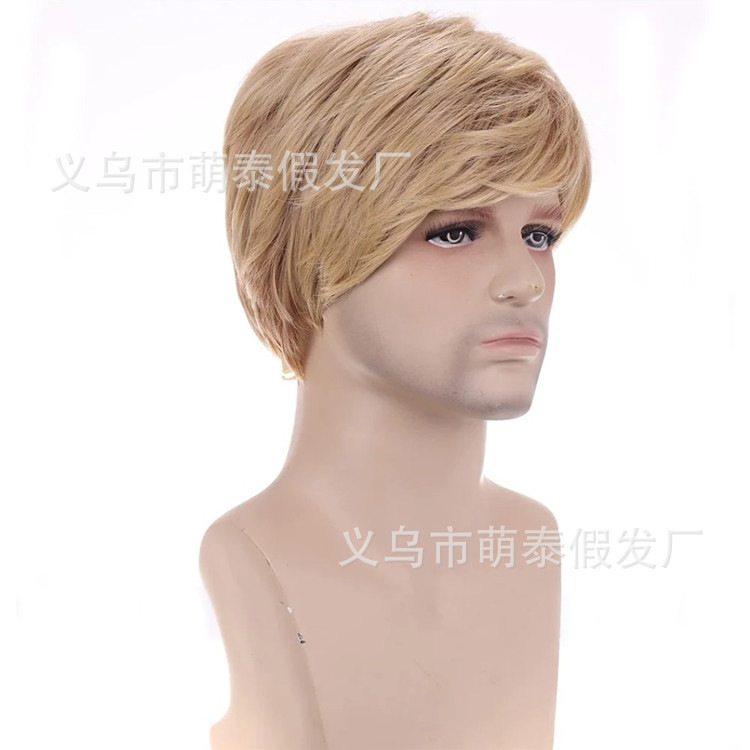 2023 new men's wig slanting bangs light gold men's short hair fashion Chemical Fiber men's headgear European and American men's hair Gold