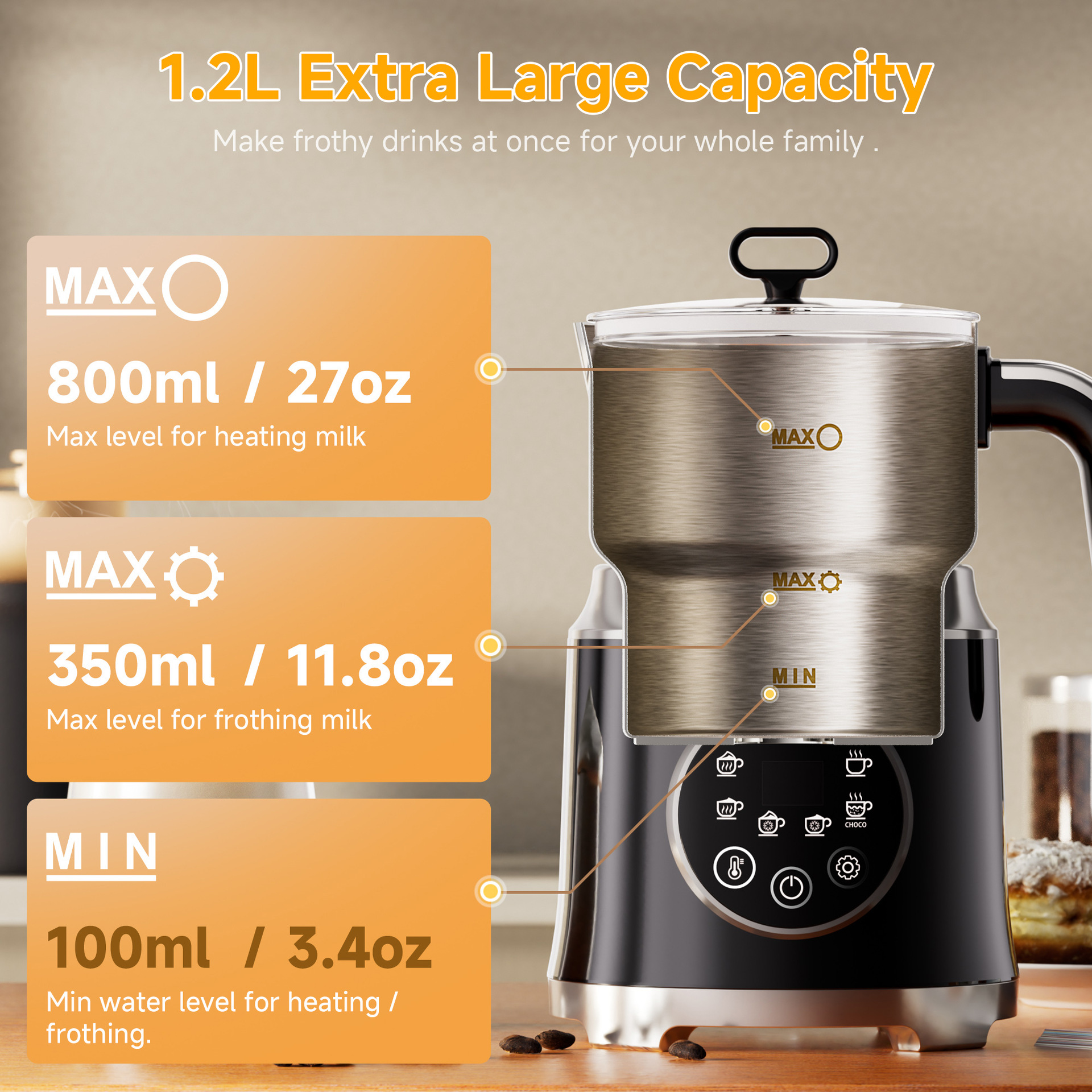 New 1.2L Detachable 6-in-1 Milk Frother, Hot and Cold Milk Frother, Electric Milk Frother, Milkfrother