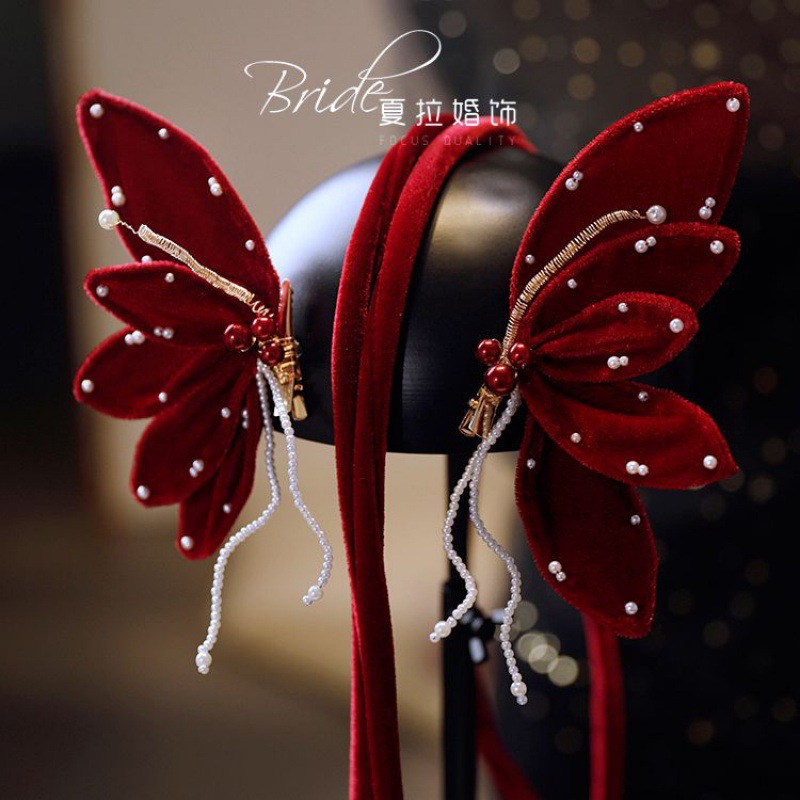 New Elegant Bride Burgundy Butterfly Hairpin Set Bridal Dress Toast Dress Headdress Photo Style with Fragrance