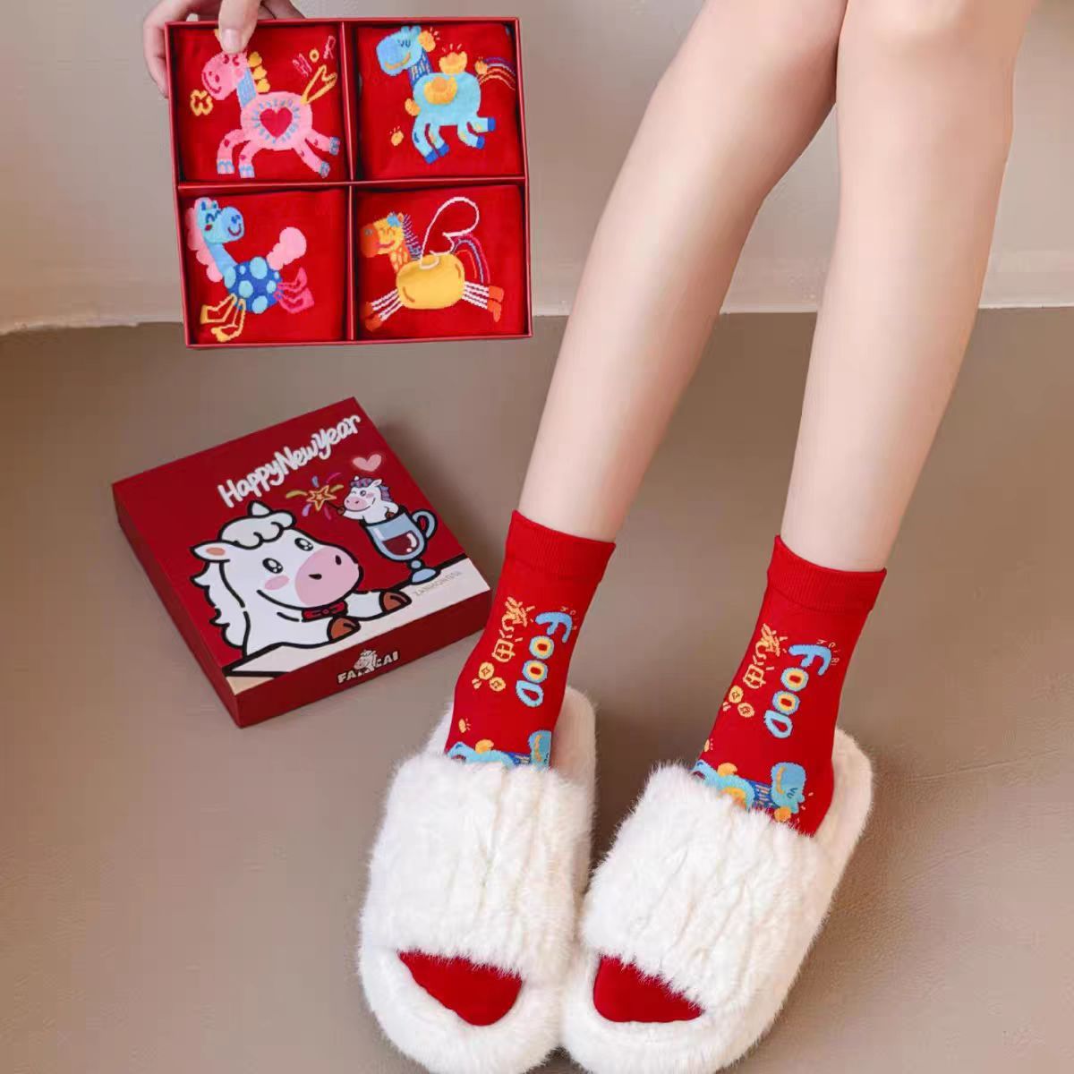 2026 Year of the Horse Red Socks Zodiac Year Socks for Women Cartoon Cute New Year Lucky Socks Autumn Winter Ins Trend Mid-Calf