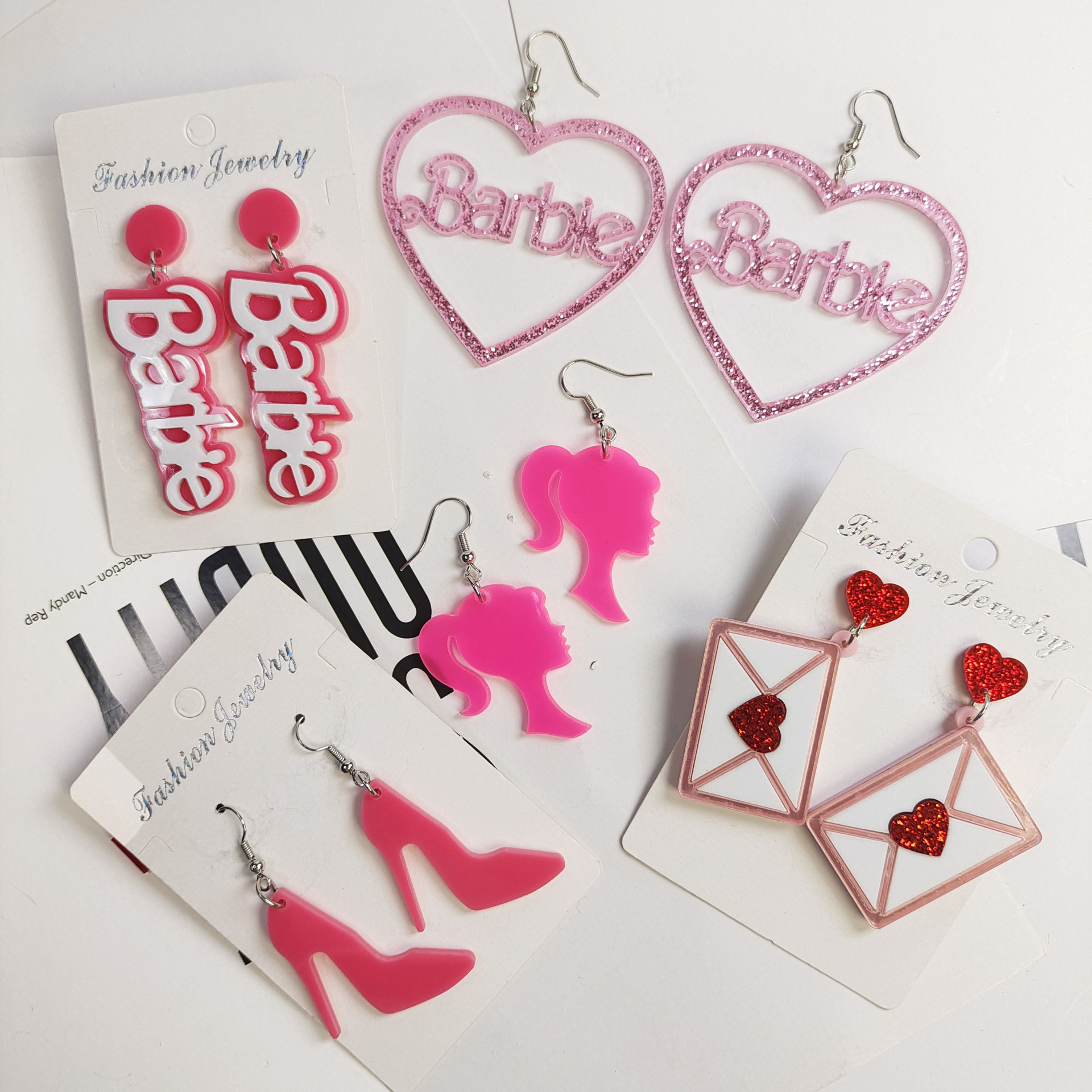 Pink Barbie acrylic earrings Love Heart Letter high heels envelope love letter Valentine's Day dating sequin nail pin female