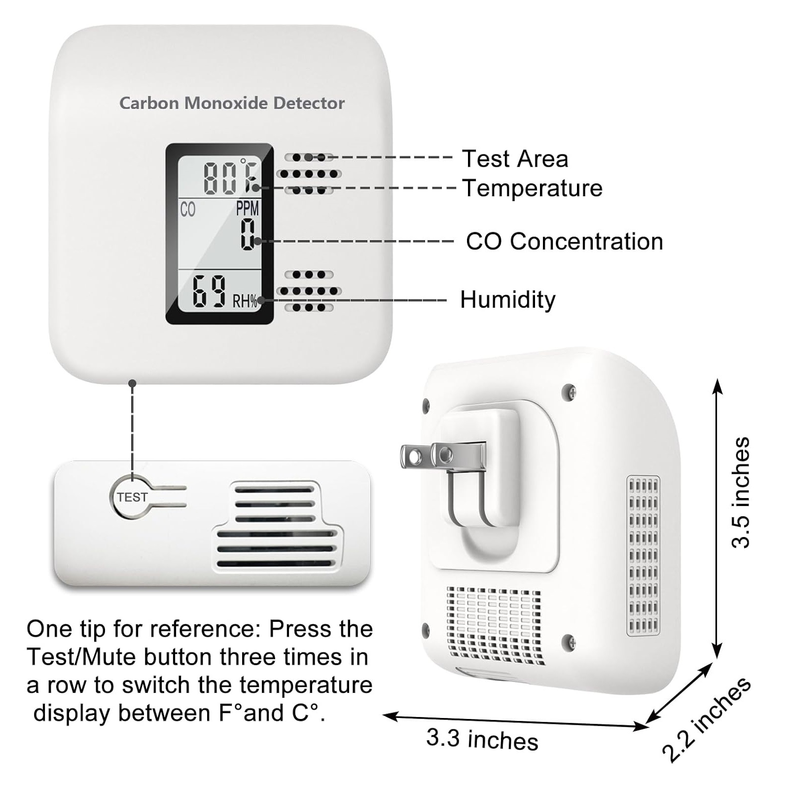 3-in-1 Foldable Plug-In Carbon Monoxide Detector, Yc401Pro Carbon Monoxide Detector