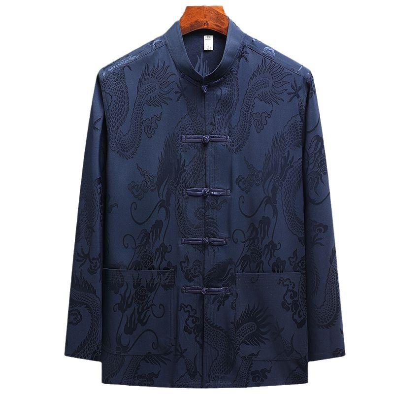 Tang Suit Men's Ice Silk Long-sleeved Jacket Spring and Summer New Chinese Hanfu for Middle-aged and Elderly People's Dad Old Man Grandpa Morning Exercise Taiji Suit