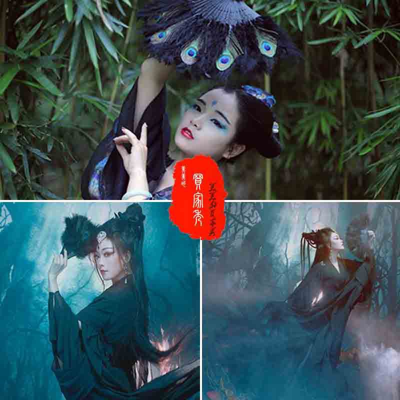 Peacock feather fan cheongsam catwalk Chinese folding fan incense wooden handle decorative hanging fan wedding ancient feather fan