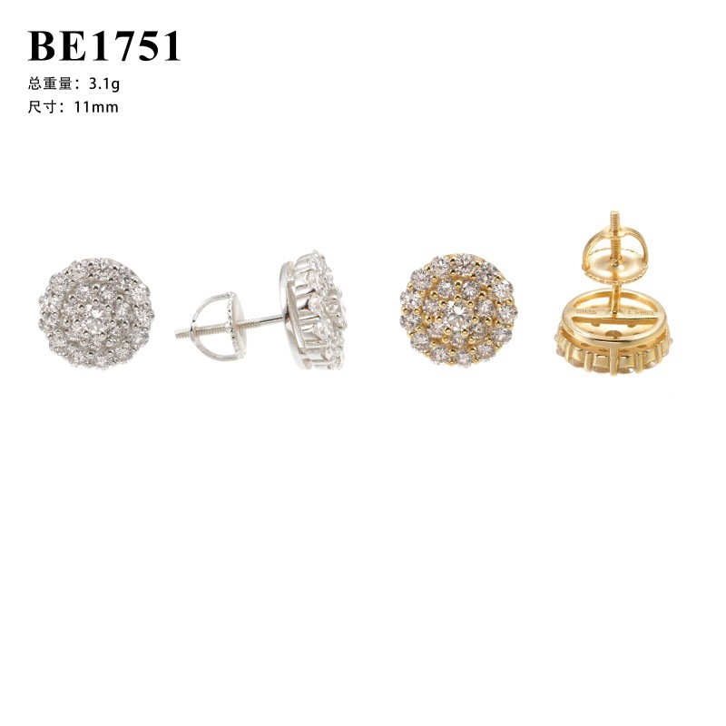 Popular New Trend 11mm Round S925 Silver Inlaid Laboratory-Grown Diamond Hip-Hop Earrings European and American 1751 Original Style