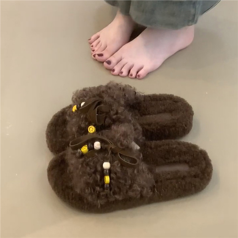 Sheepskin Version ~ Thick-Soled Fur Slippers for Women to Wear Outside with Bows and Beads, Retro Fleece-Lined to Heattech, Lazy One-Line Cotton Slippers