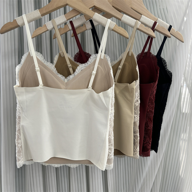 6099 Original In-Stock Micro-Brushed French-Style Camisole Underwear for Women with Lace Integrated Fixed Cup Bra That Gathers Side Breast Tissue