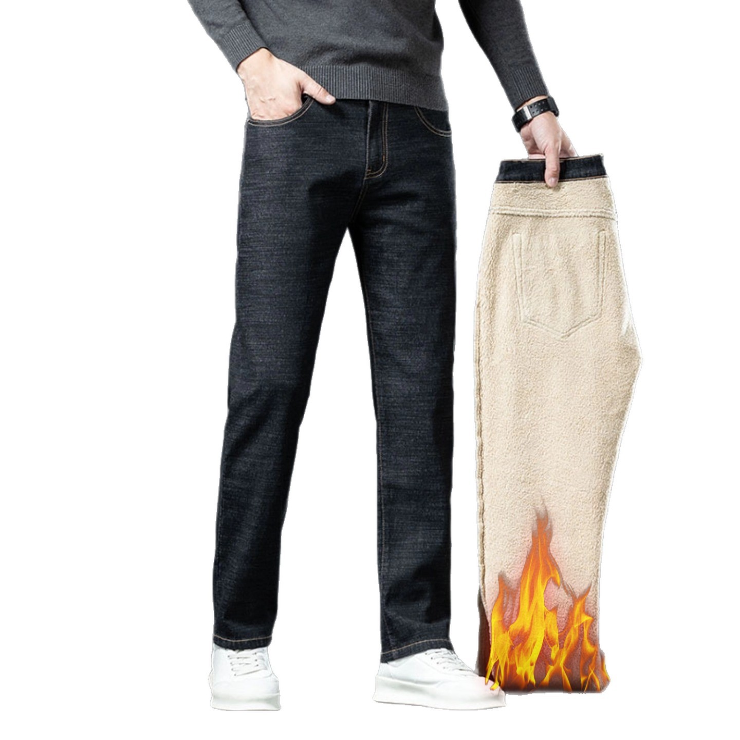 Winter New Fleece-Lined Thickened Warm Men's Jeans Solid Color Versatile Straight-Leg Lamb Fleece Business Denim Pants for Men