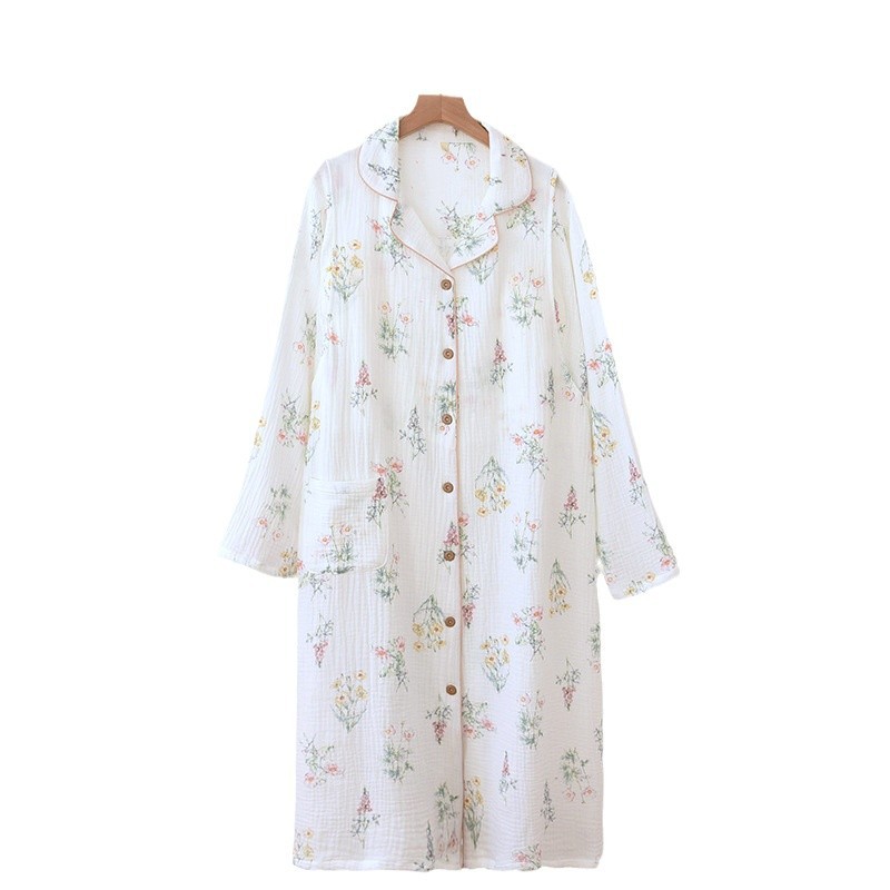 Spring and Summer Nursing Nightgown, Pure Cotton Crepe Maternity Nightgown with Breast Pads, Spring and Autumn Postpartum Nursing Long-Sleeved Dress