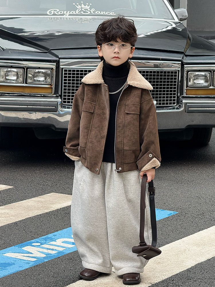 Boys' Fur Collar Jacket 2025 Autumn and Winter New Style Fleece-Lined Thickened Children's Leather Jacket Stylish Trendy One-Piece Wholesale