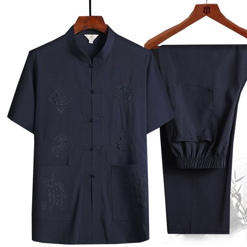 Tang Suit Male Dad Summer Short-sleeved suit Middle-aged and Elderly Men's Grandpa Chinese-style Buckle Hanfu Men's plus size Shirt