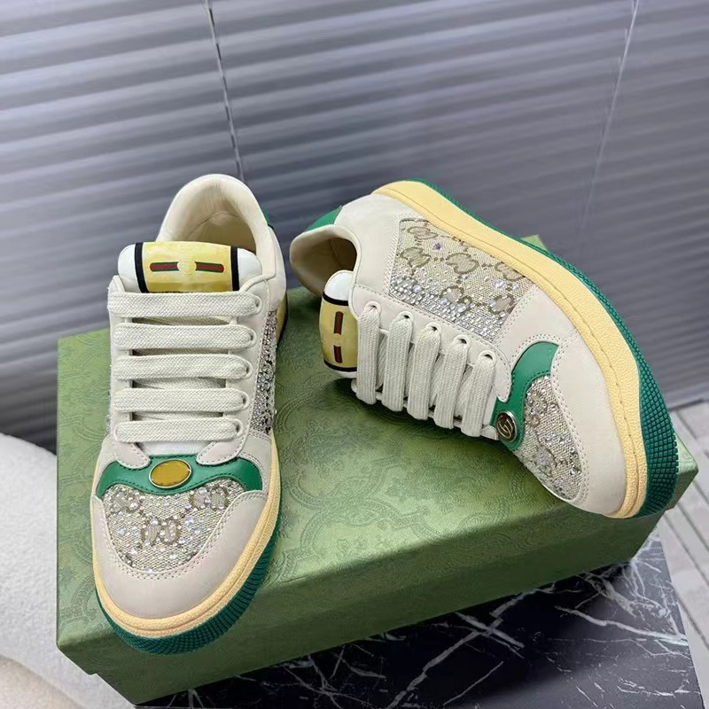 2025 New Gommel Hot Rhinestone Dirty Shoes All-match Old Flower Green Cyber-famous All-match Sneakers Leather White Shoes