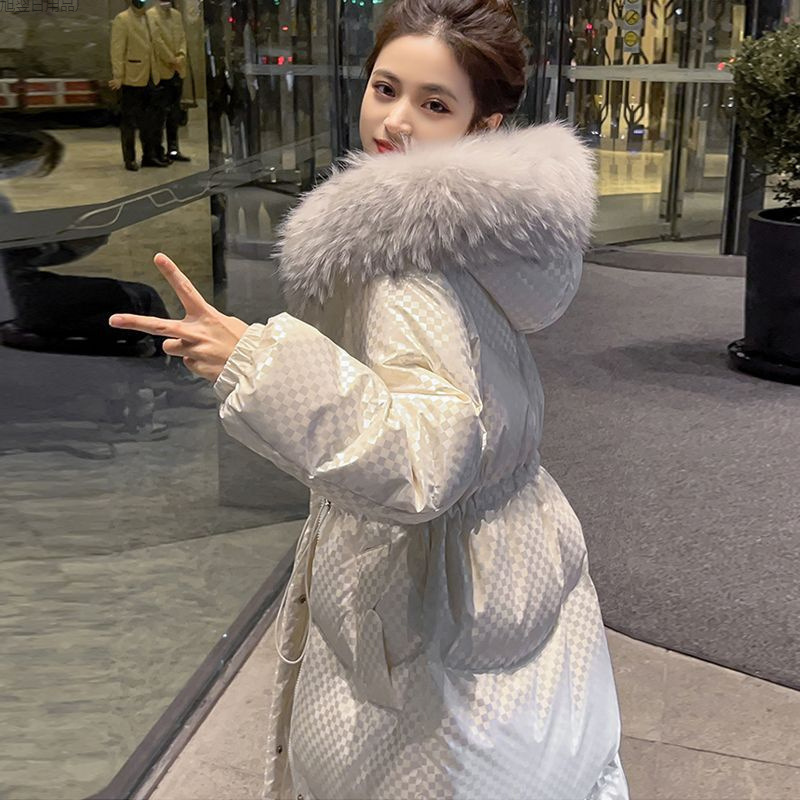 Белая куртка с пухом и большим меховым воротником для женщин, средней длины, утолщенная, новая зимняя мода, свободная, с капюшоном, из белого утиного пуха, полиэстер