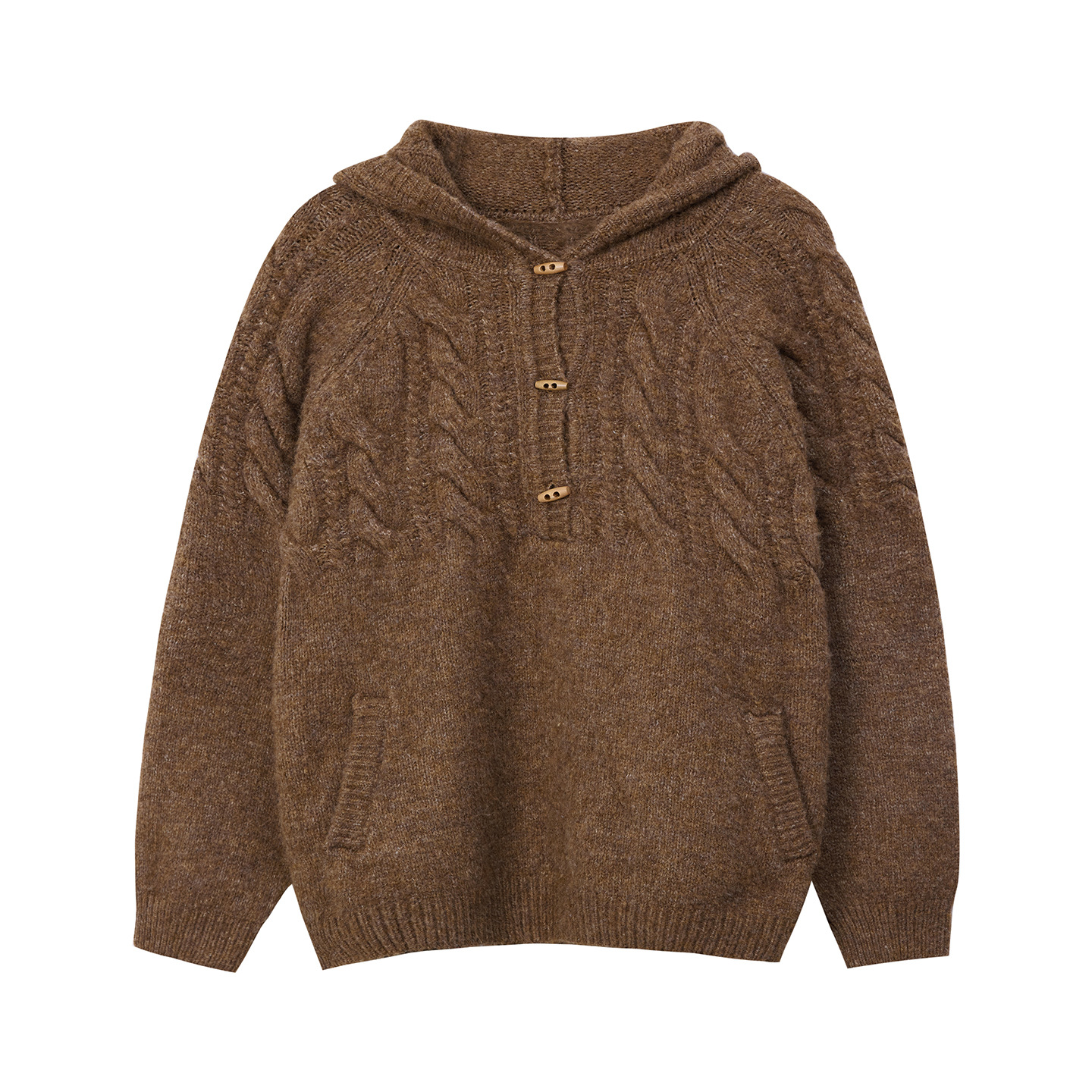 Letm Scandinavian Retro Wool Fluffy Cable Half Placket Horn Button Hooded Sweater for Women