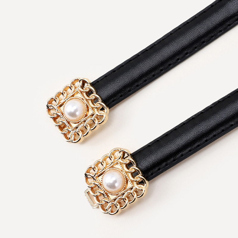 Women's vintage chain pearl belt Women's metal buckle buckle thin belt decorative coat shirt dress