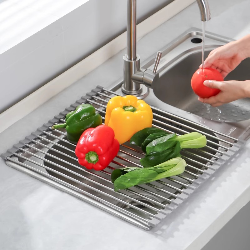 Cross-border Sink Folding Stainless Steel Drain Rack Kitchen Multifunctional Bowl and Plate Vegetable and Fruit Storage Drain Curtain for Hair