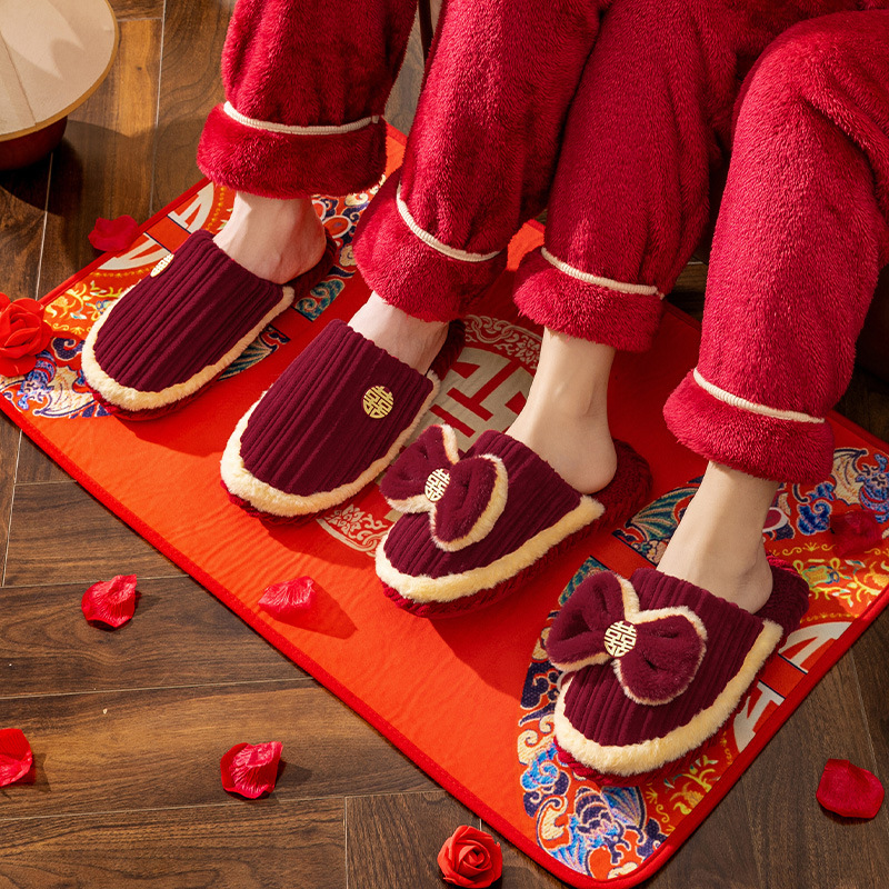 Wedding cotton slippers festive red a pair of wedding dowry men and women couple bridegroom bride wedding warm slippers winter