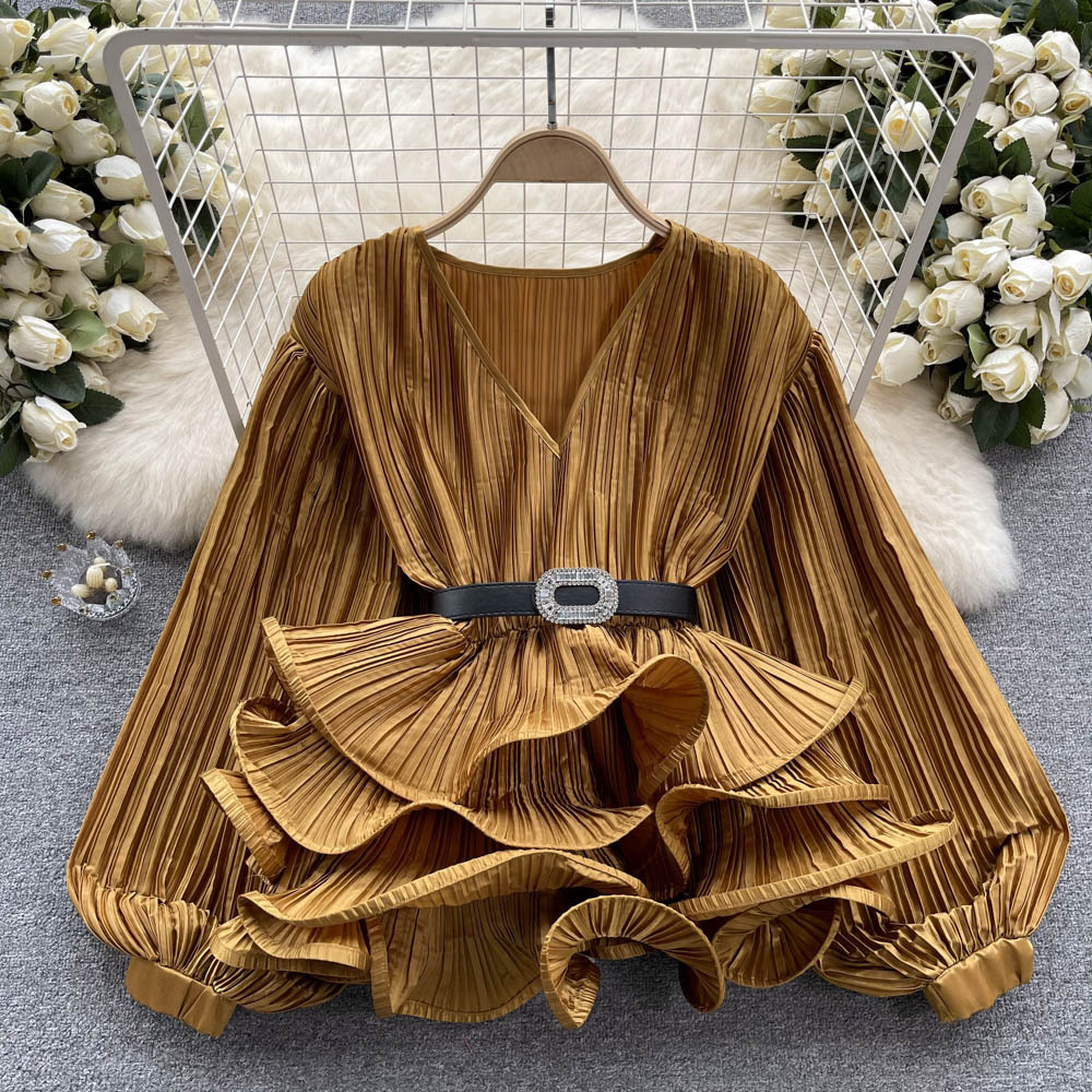 Socialite Satin Pleated Long-sleeved Elegant Loose Top Women's Ruffled Lantern Sleeve Niche Design V-neck Shirt