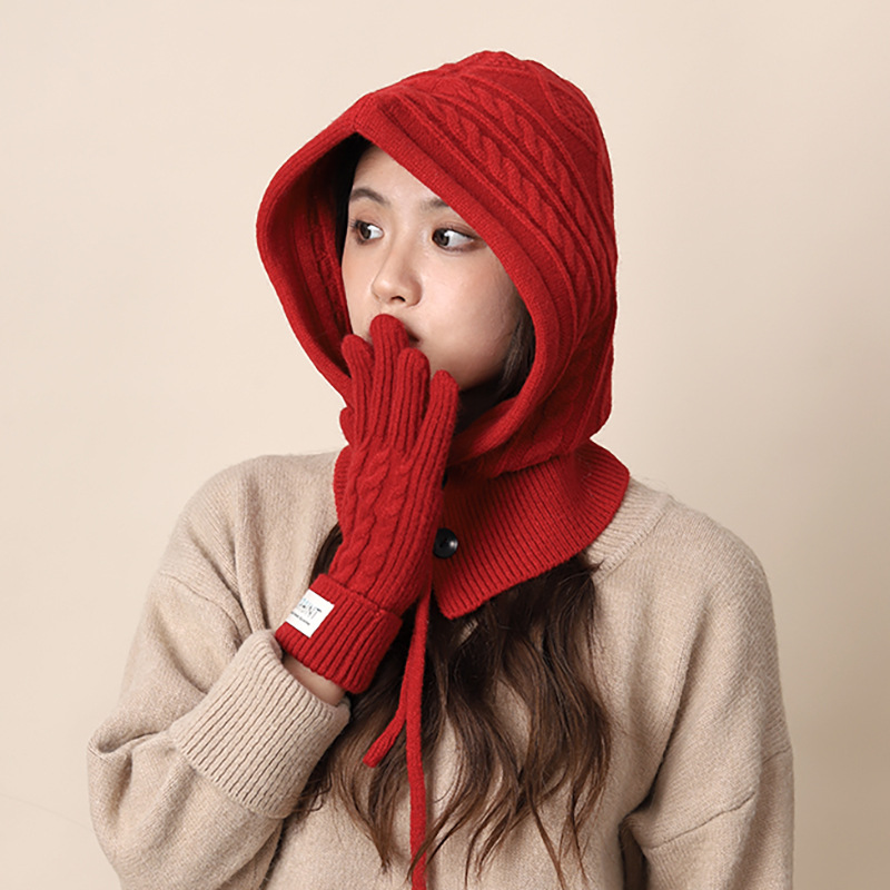 Винтажная красная балаклава зимняя тёплая шапка для женщин перчатки шарф одноразовая пара шапка из шерсти с защитой ушей