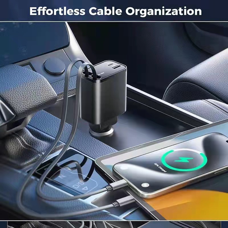 Cross-Border Wired Car Charger 120W Super Fast Charging Flash Charging Retractable Cable Four-In-One Cigarette Lighter Car Charger Wholesale