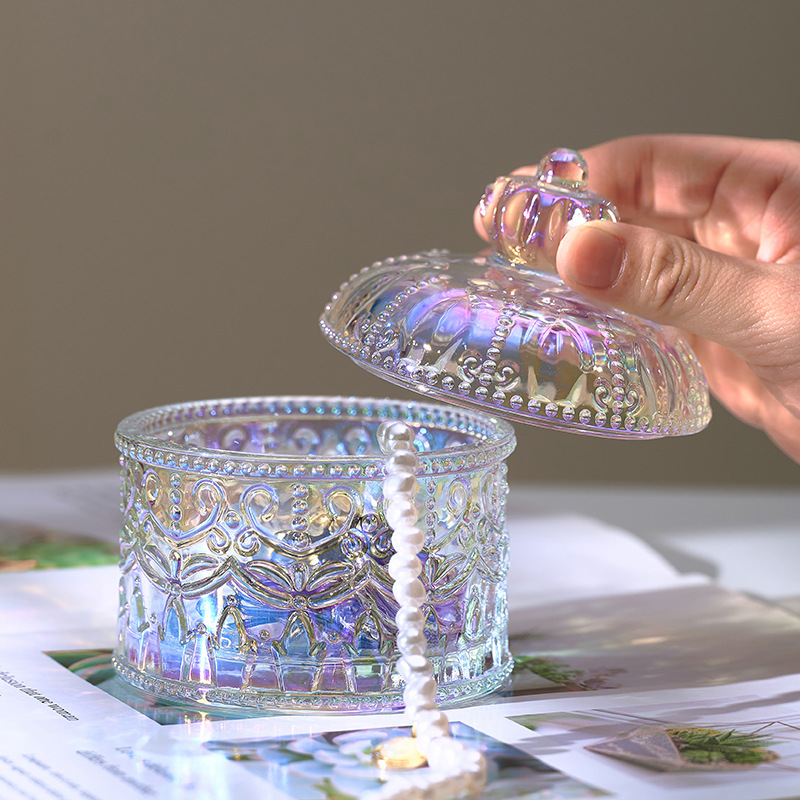 French Glass Jar Ins Style Colorfulful Crown Embossed Glass Jewelry Box Retro Candy Jar Ornaments Small