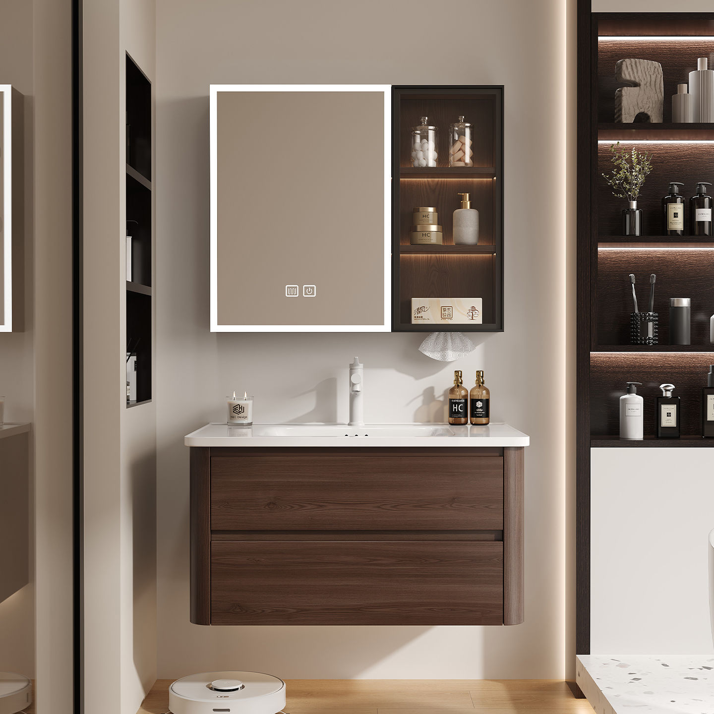 Medieval Style Walnut Honeycomb Aluminum Bathroom Cabinet Combination Ceramic Integrated Wash Basin Bathroom Wash Basin Washstand