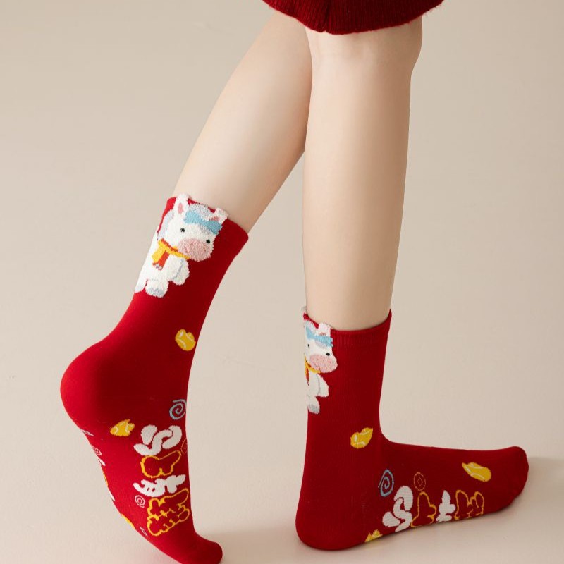 Year of the Horse Zodiac Year Red Socks Women's Autumn and Winter Mid-Calf Socks 2026 New Year Gifts for Wedding Couples Red Horse Long Socks